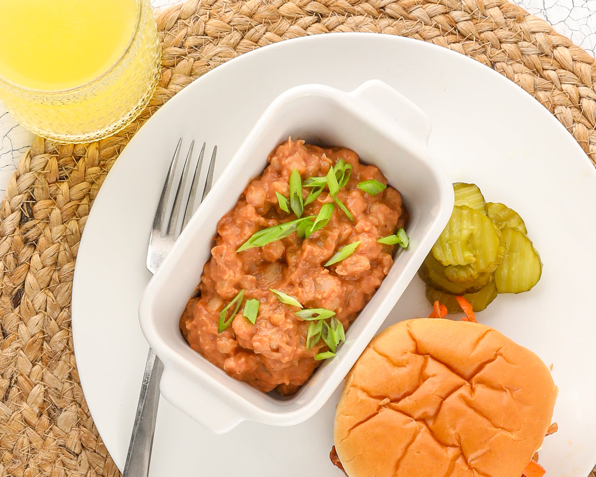 quick vegetarian baked beans served in a Souper Cubes stoneware baking dish