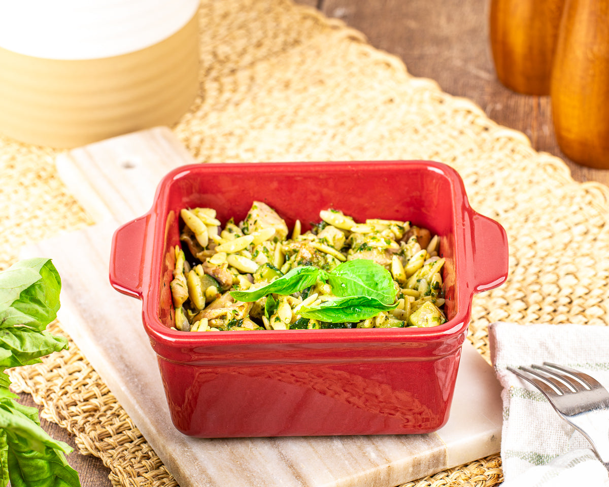 chicken orzo pesto in a Souper cubes baking dish