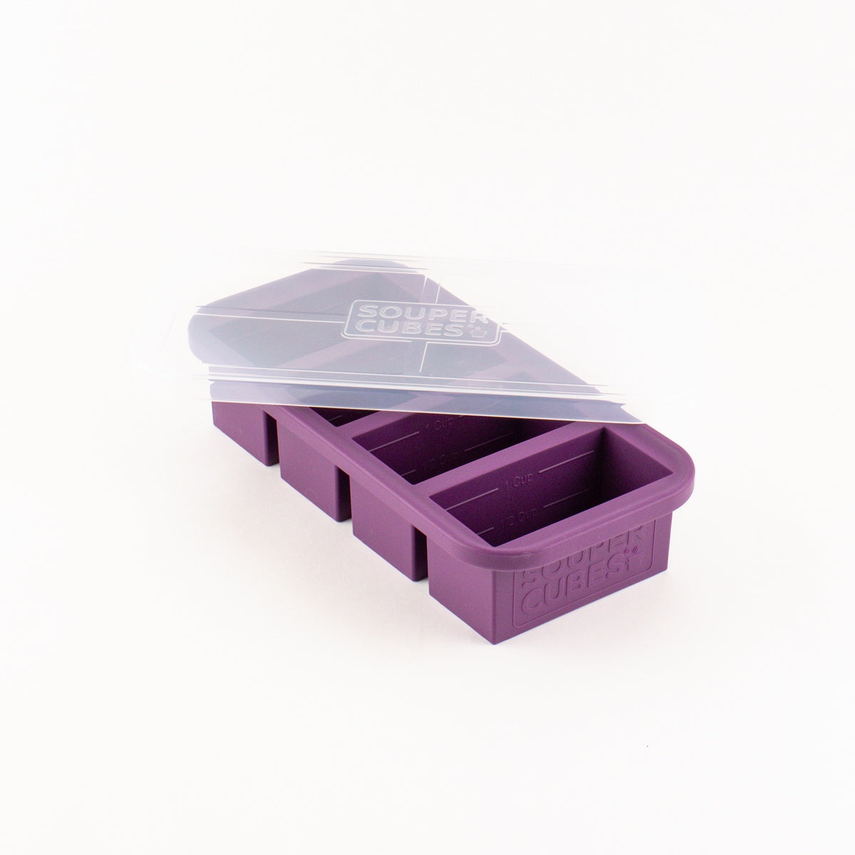 Souper Cubes 1-cup silicone freezer tray in Plum with clear lid
