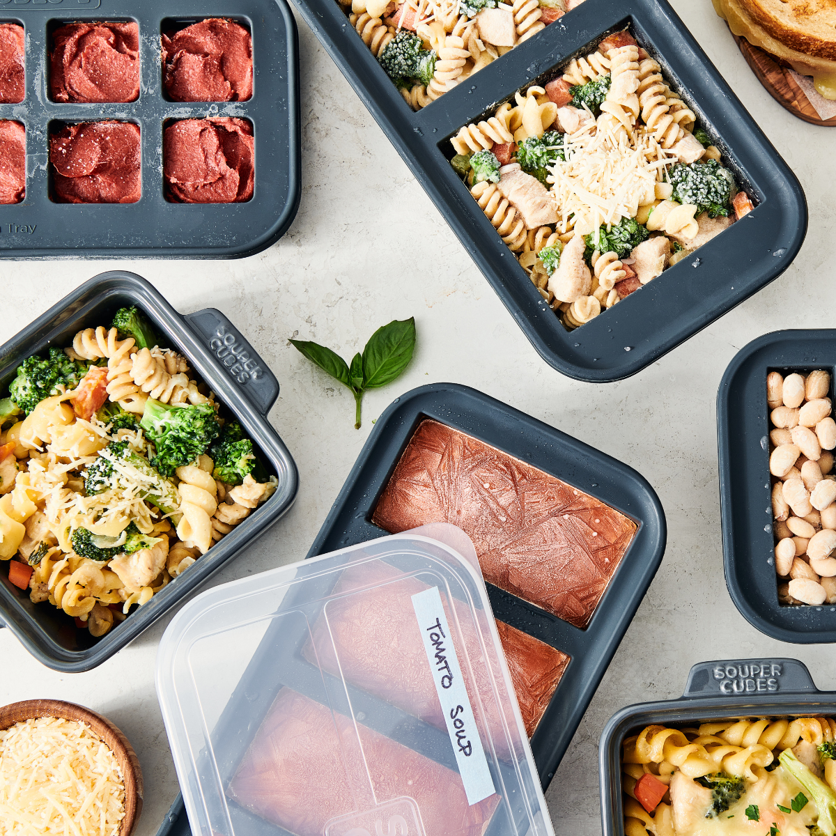 Prepared meals in Souper Cubes on a light surface