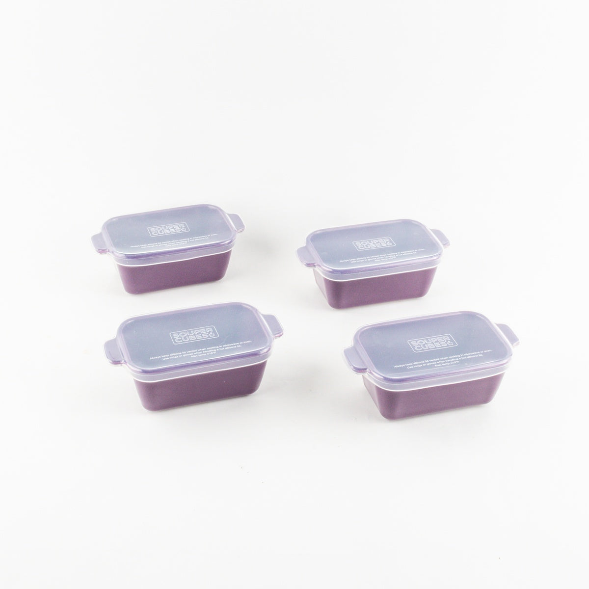 Souper Cubes 5-inch rectangular ceramic baking dishes in Plum with silicone lids, 4 pack