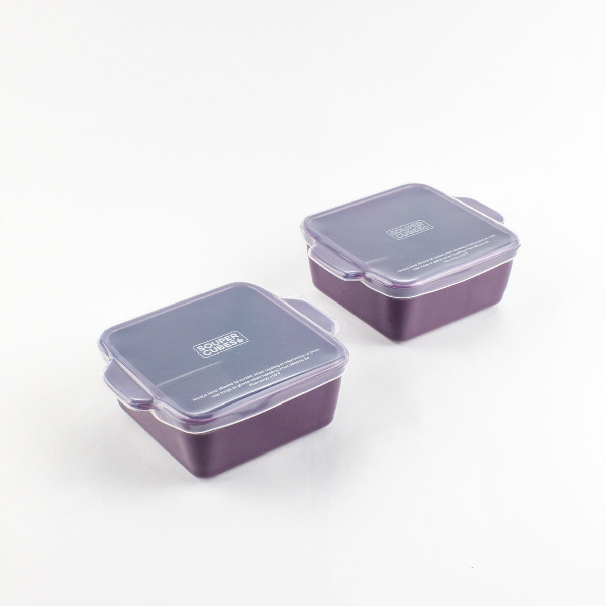 Souper Cubes 5-inch square ceramic baking dishes in Plum with silicone lids, 2 pack