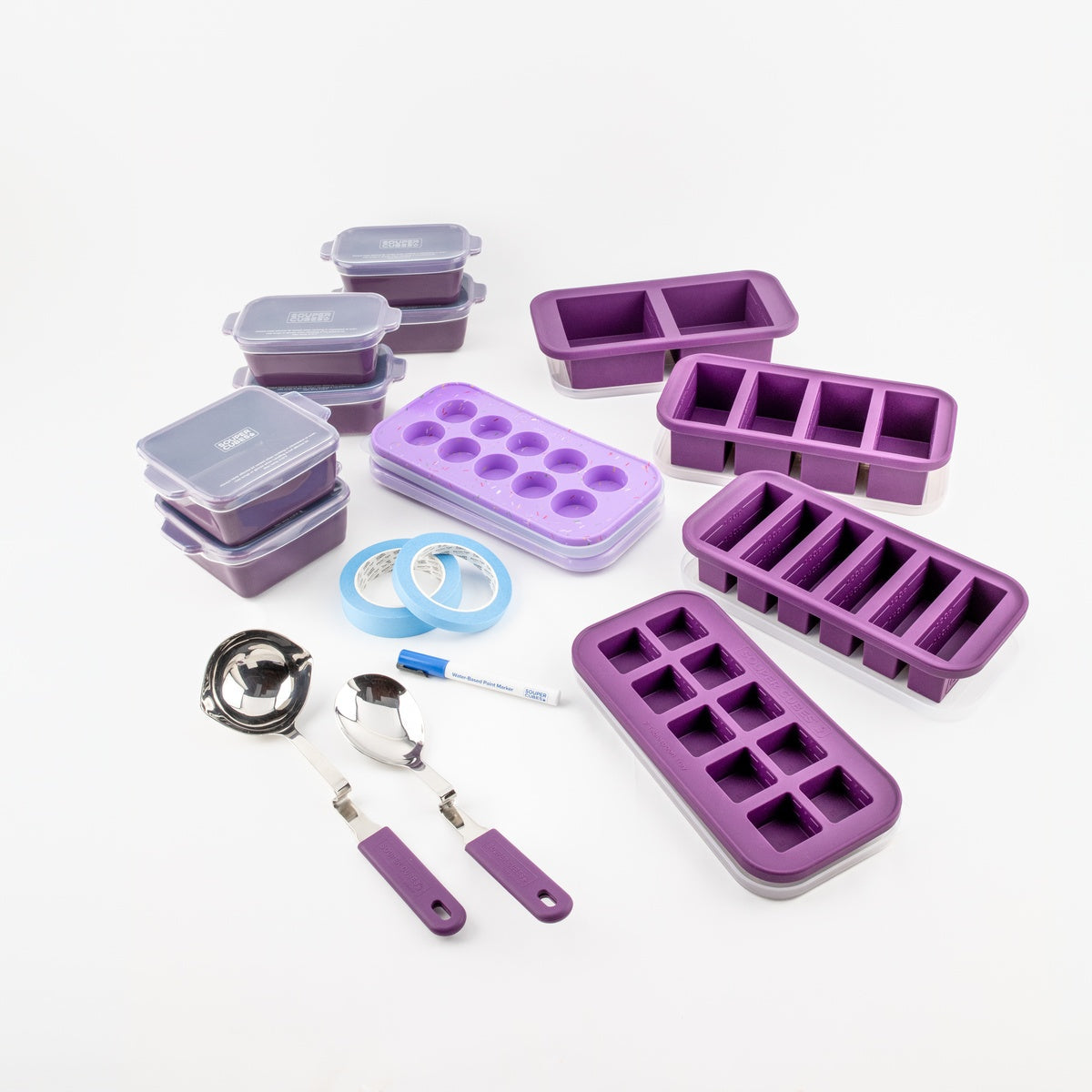Souper Cubes Complete Freezer Tray and Bakeware 29-piece set in Plum with trays, ceramic baking dishes, cookie tray, ladle, serving spoon, tape and marker