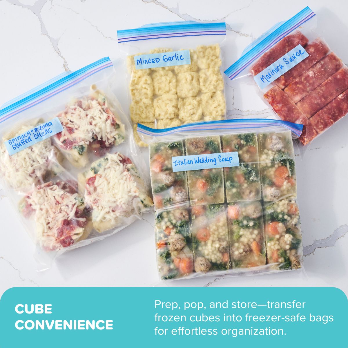 Freezer bags with labeled food items on a marble surface