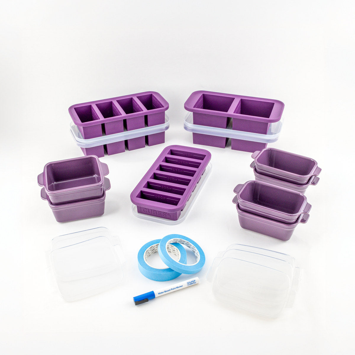 Souper Cubes Freezer-to-Table 25-piece set in Plum with silicone freezer trays, ceramic baking dishes, tape and marker