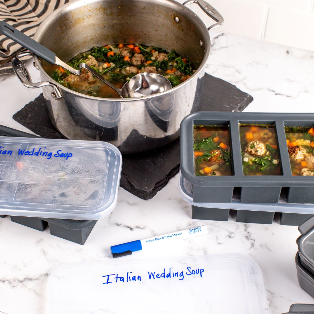 Pot of Italian Wedding Soup with freezer trays and a water-based paint kitchen marker
