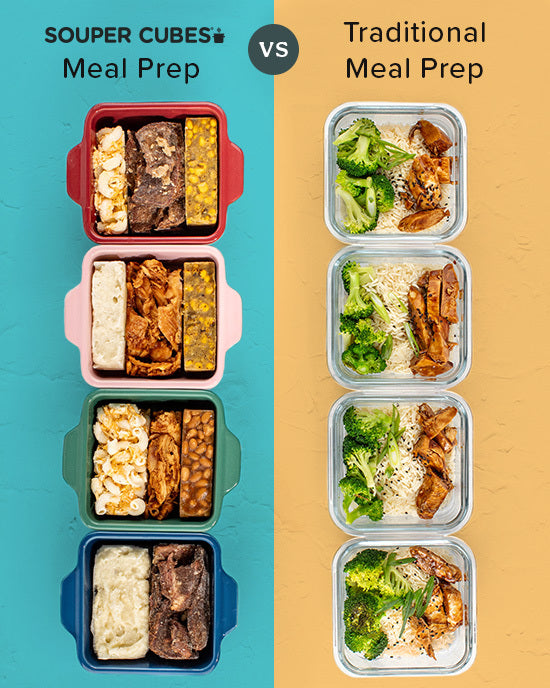 Comparison of Souper Cubes Meal Prep containers with traditional meal prep containers on a blue and orange background.