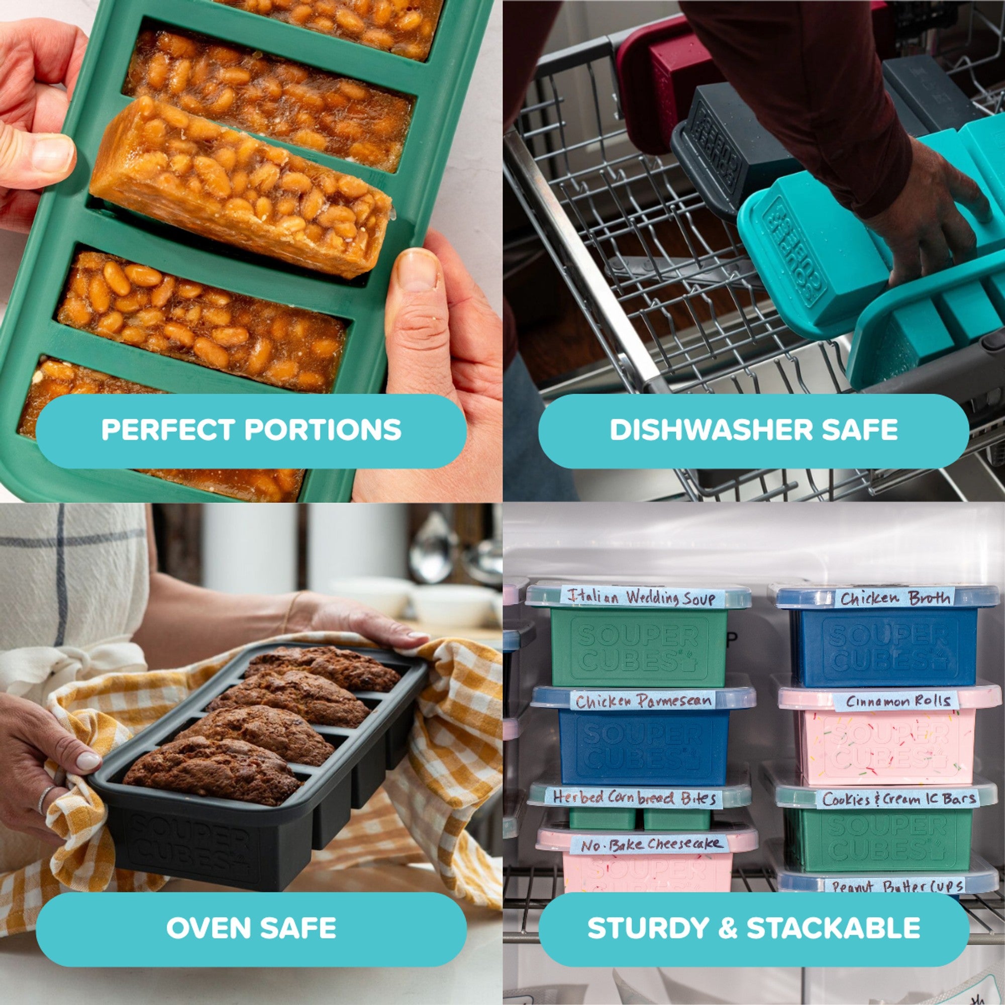A 2x2 collage showing a teal silicone mold set with food examples: baked beans in a mold labeled 'PERFECT PORTIONS,' a teal mold in a dishwasher-safe container, baked goods in an oven-safe mold, and stacked labeled storage containers labeled 'STURDY & STACKABLE.'.
