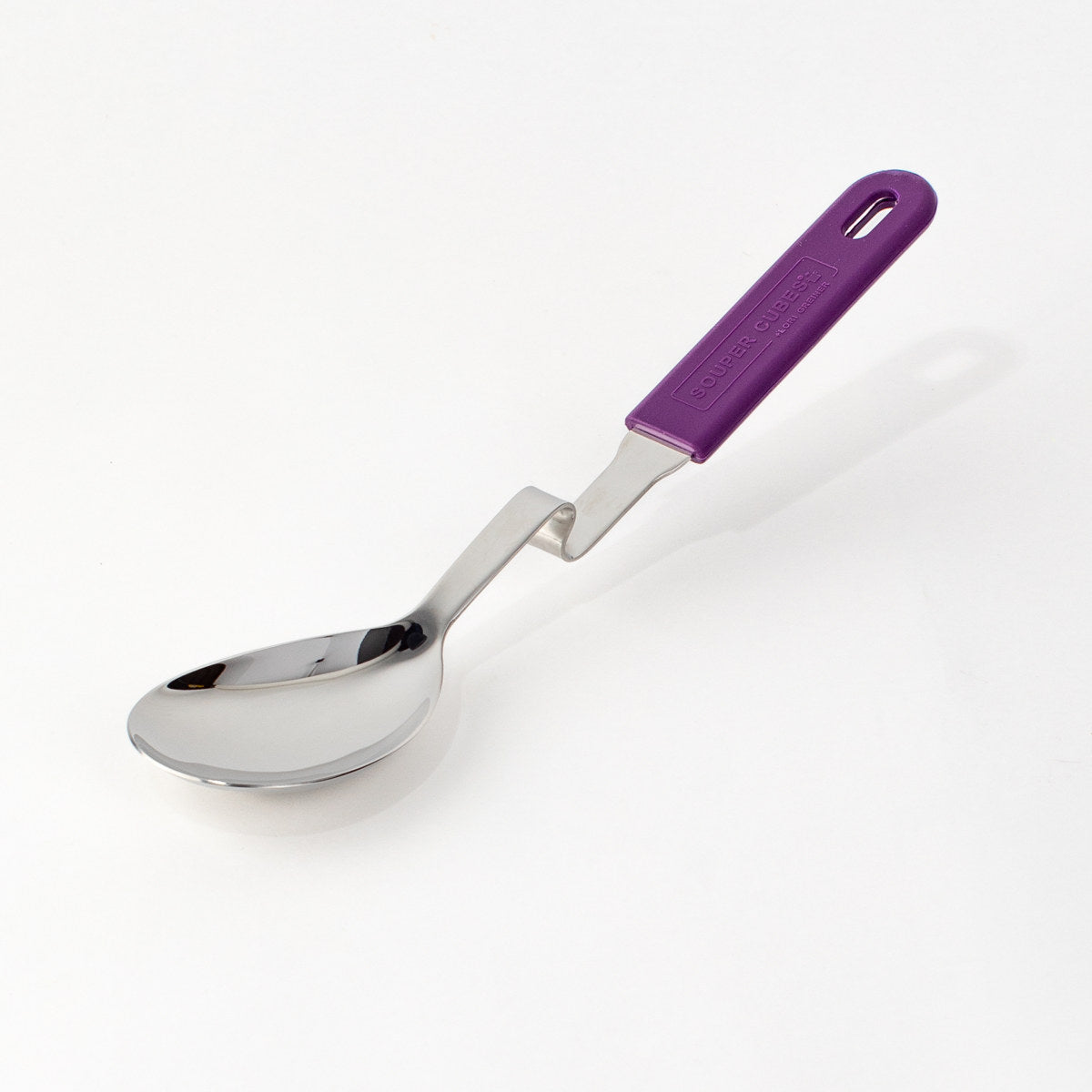 Souper Cubes No Mess stainless steel serving spoon with Plum silicone handle