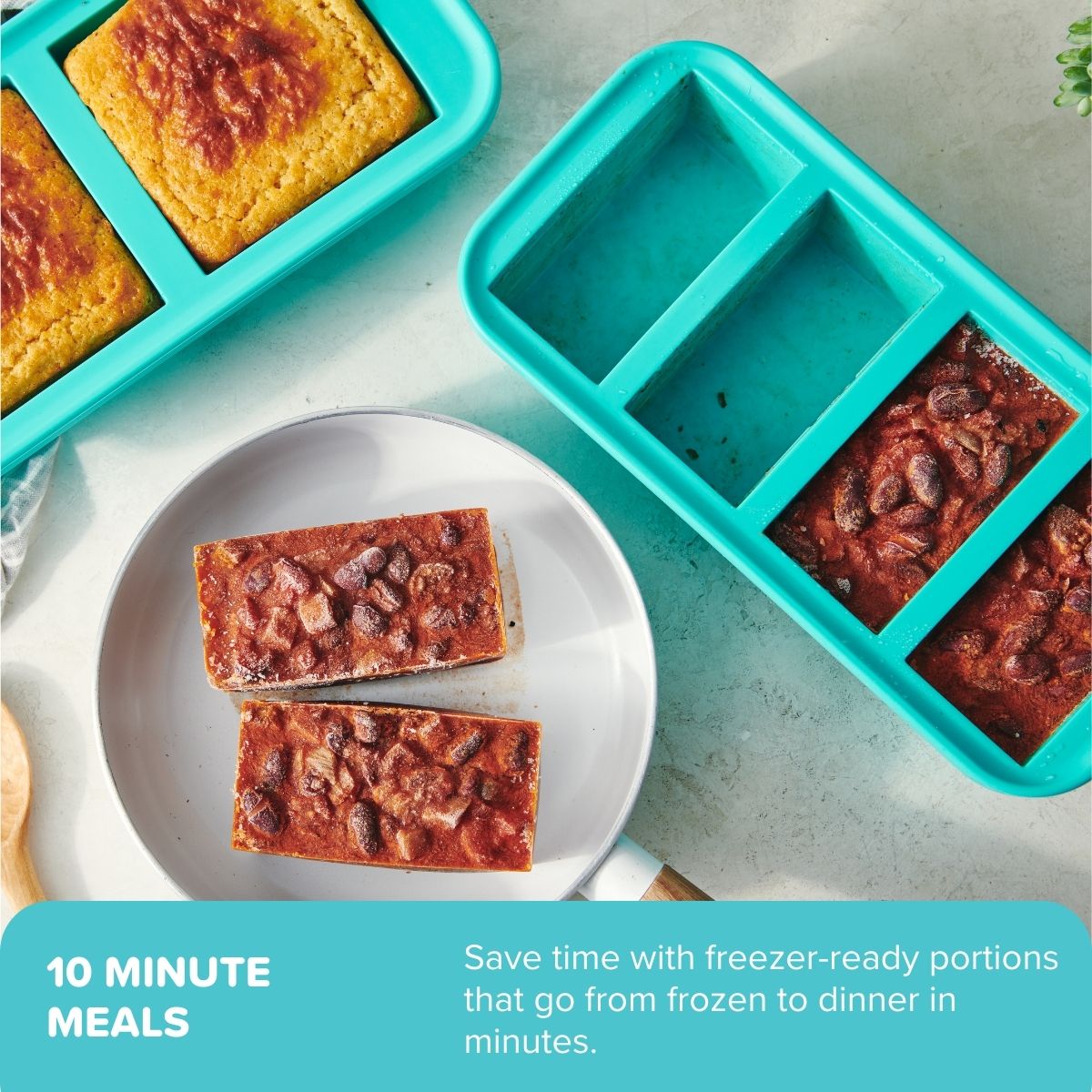 Frozen food portions in Souper Cubes silicone freezer trays with a plate of thawed food on a light background.