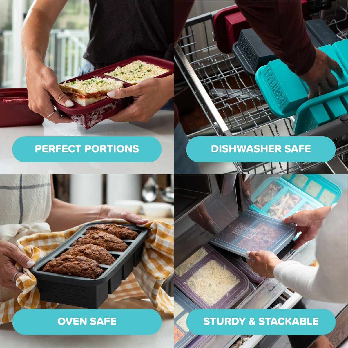 Souper Cubes portioning, dishwasher safe, oven safe, sturdy & stackable.