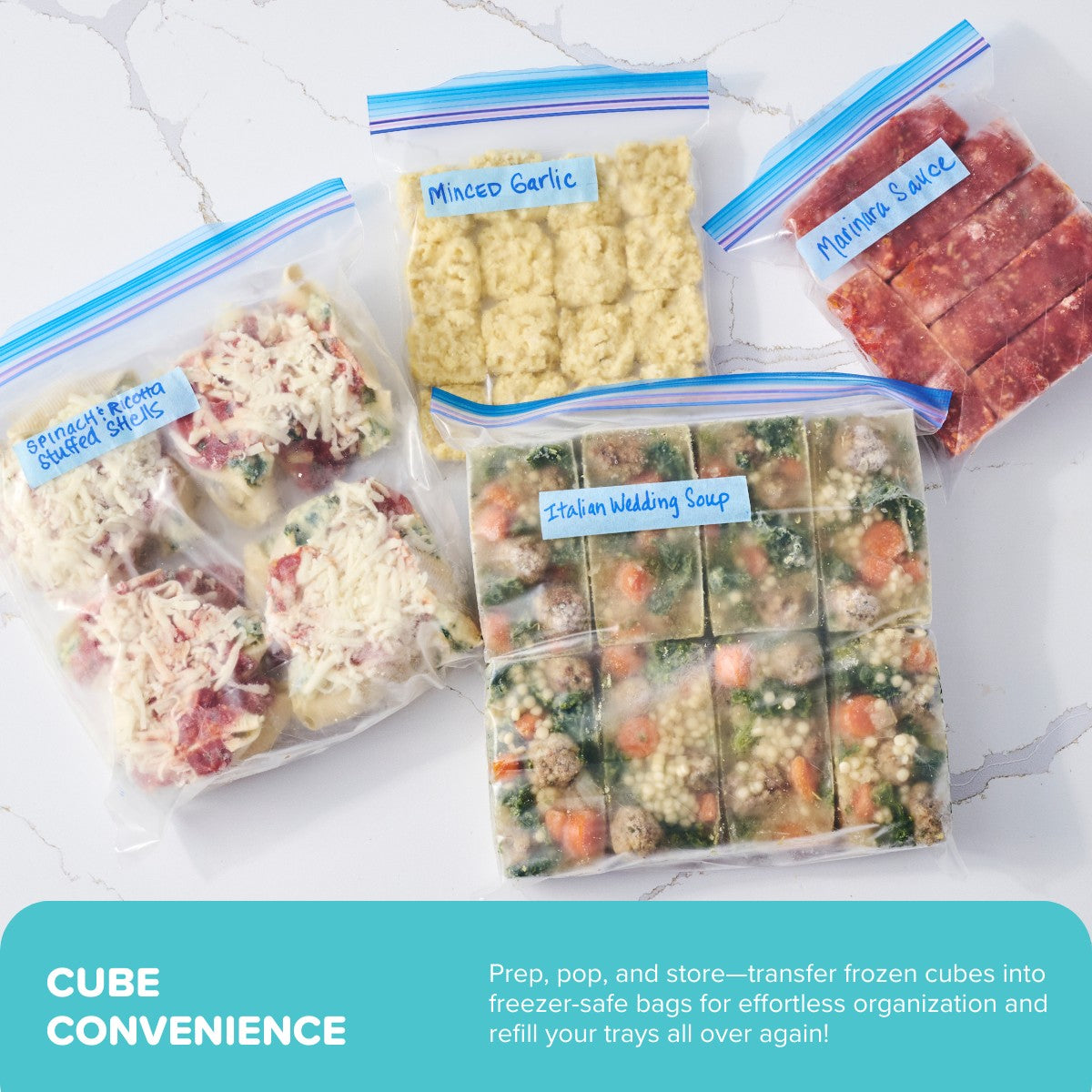 Freezer bags with labeled food items on a marble surface