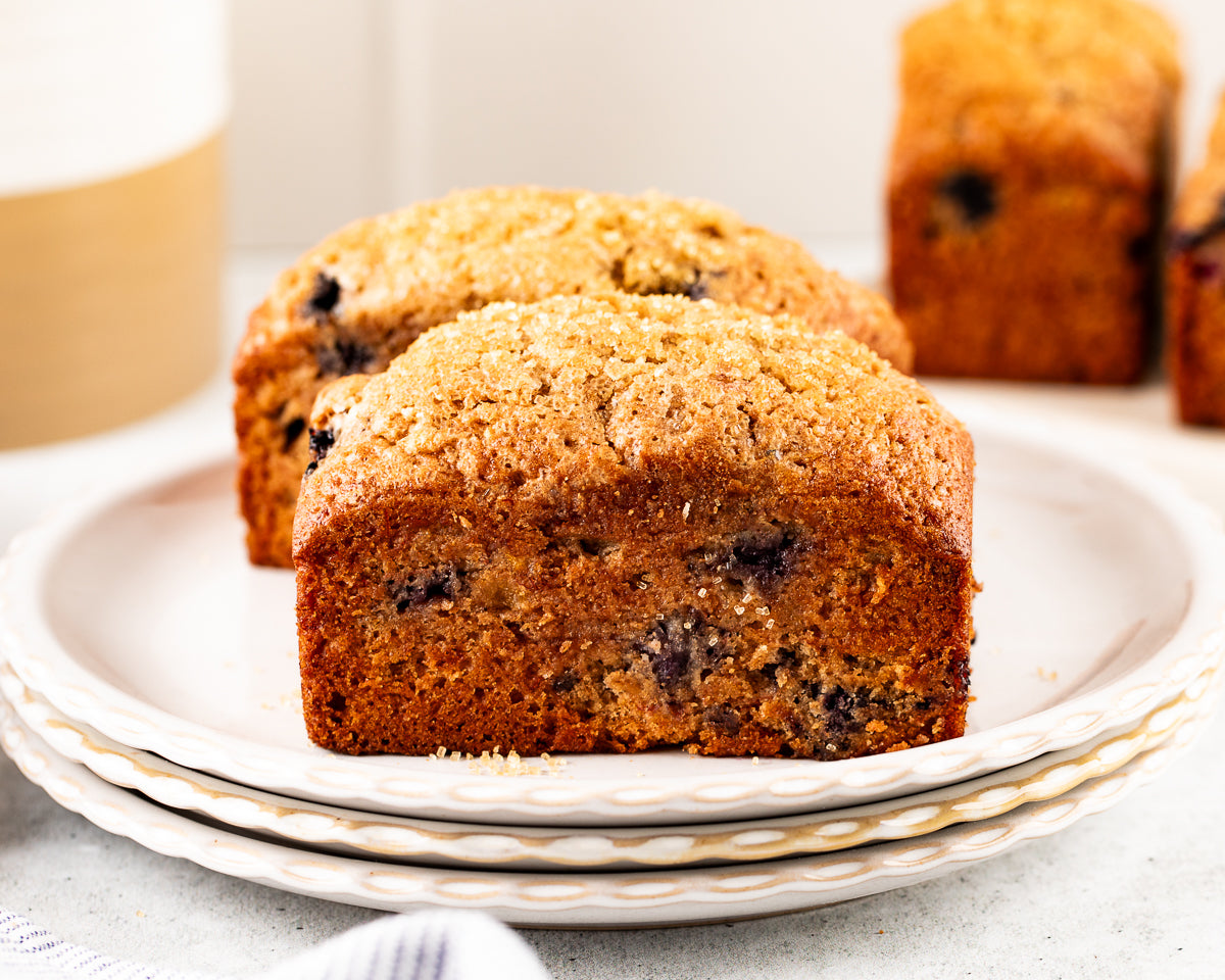mini blueberry banana bread loaves baked in Souper Cubes silicone trays