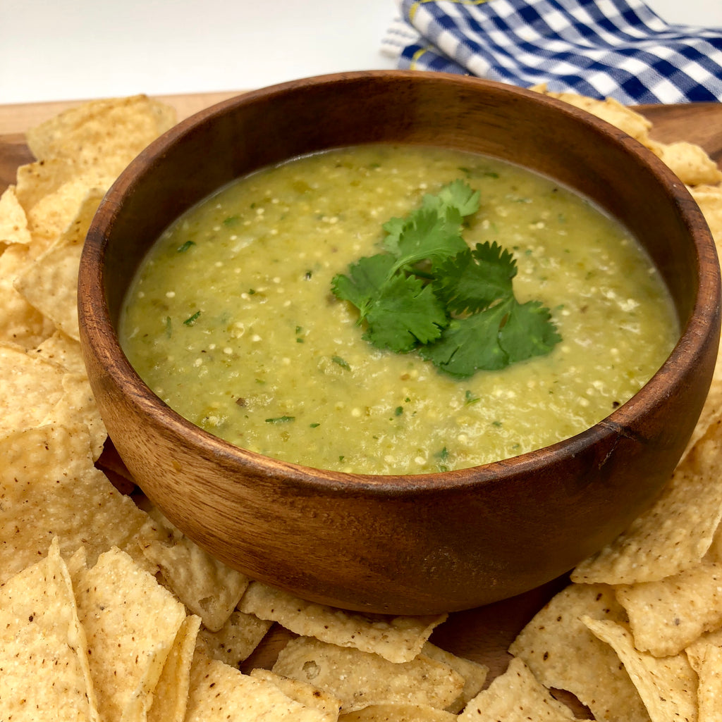 bowl of salsa verde with tortilla chips