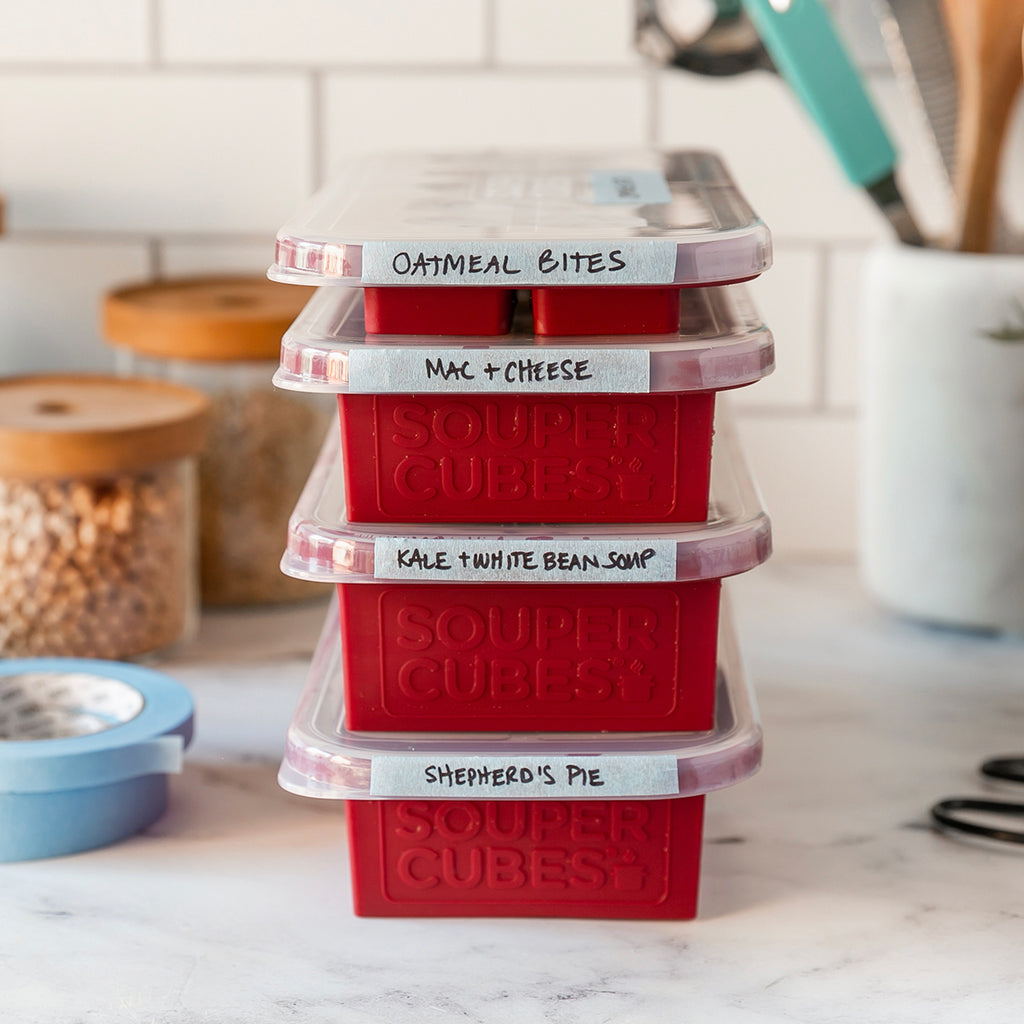 stacked & labeled Souper Cubes trays