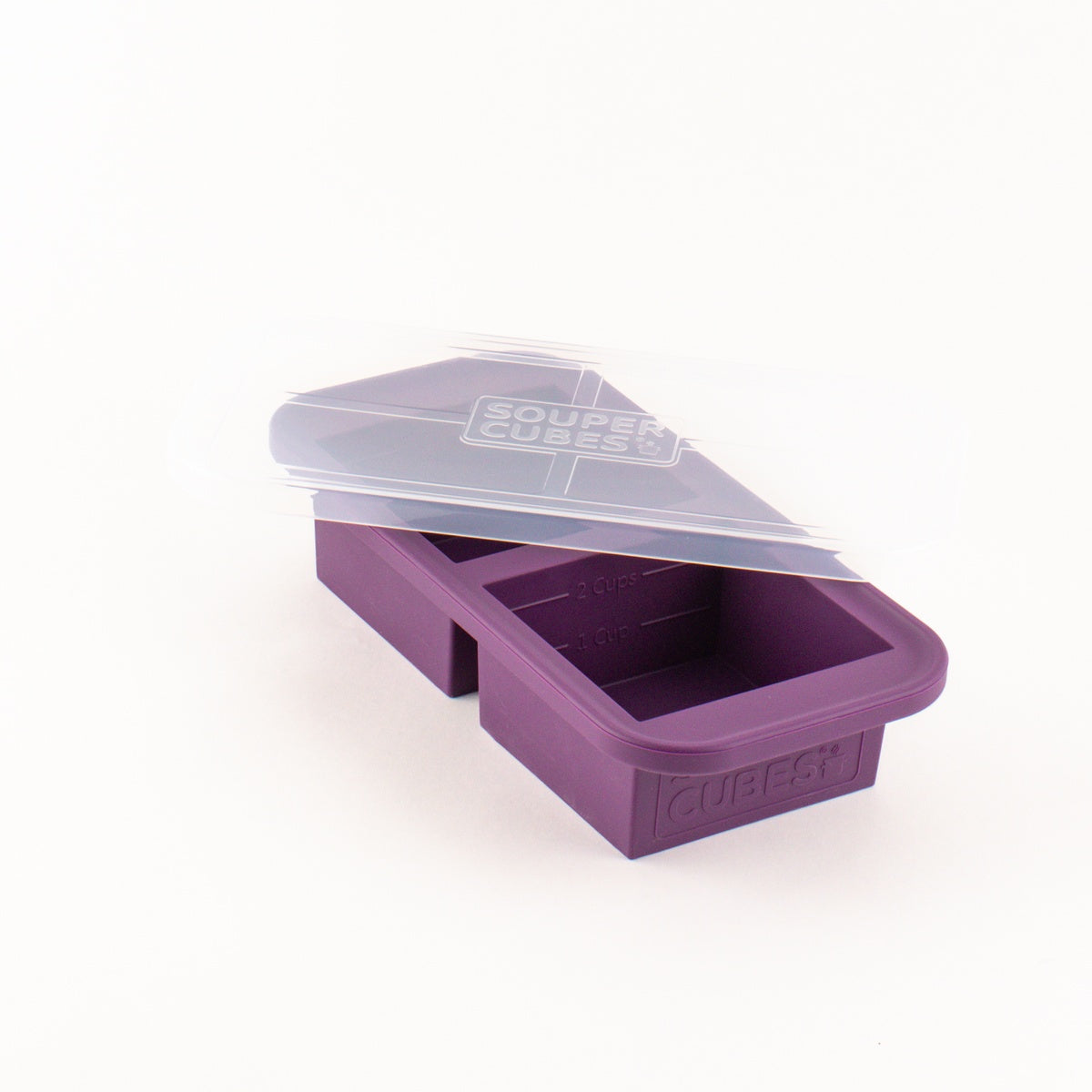 Souper Cubes 2-cup silicone freezer tray in Plum with clear lid