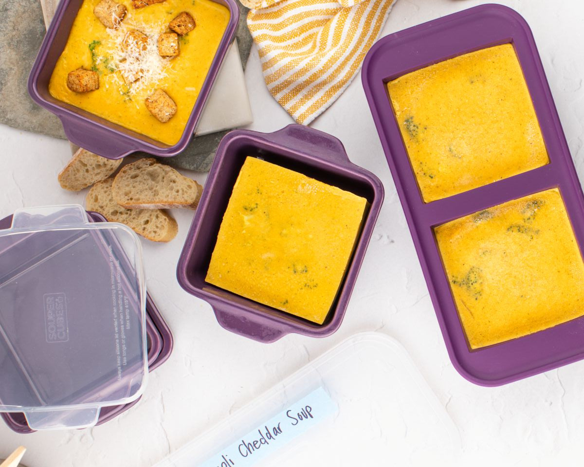 Broccoli Cheddar Soup in Souper Cubes Tray and Baking Dishes
