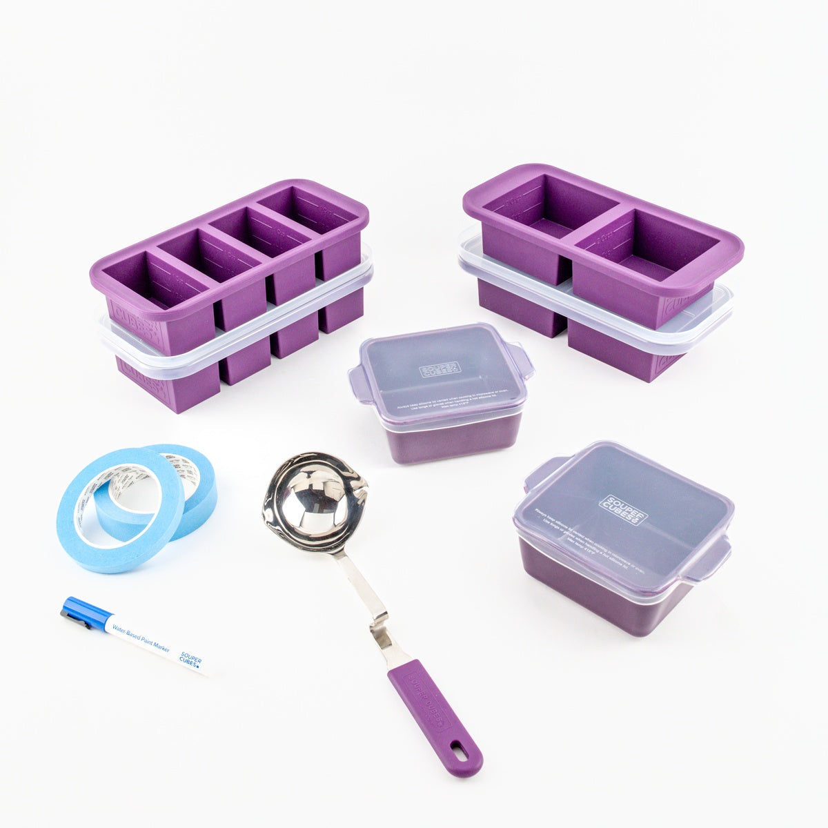 Souper Cubes Freezer Essentials 16-piece set in Plum with silicone freezer trays, ceramic baking dishes, ladle, tape and marker