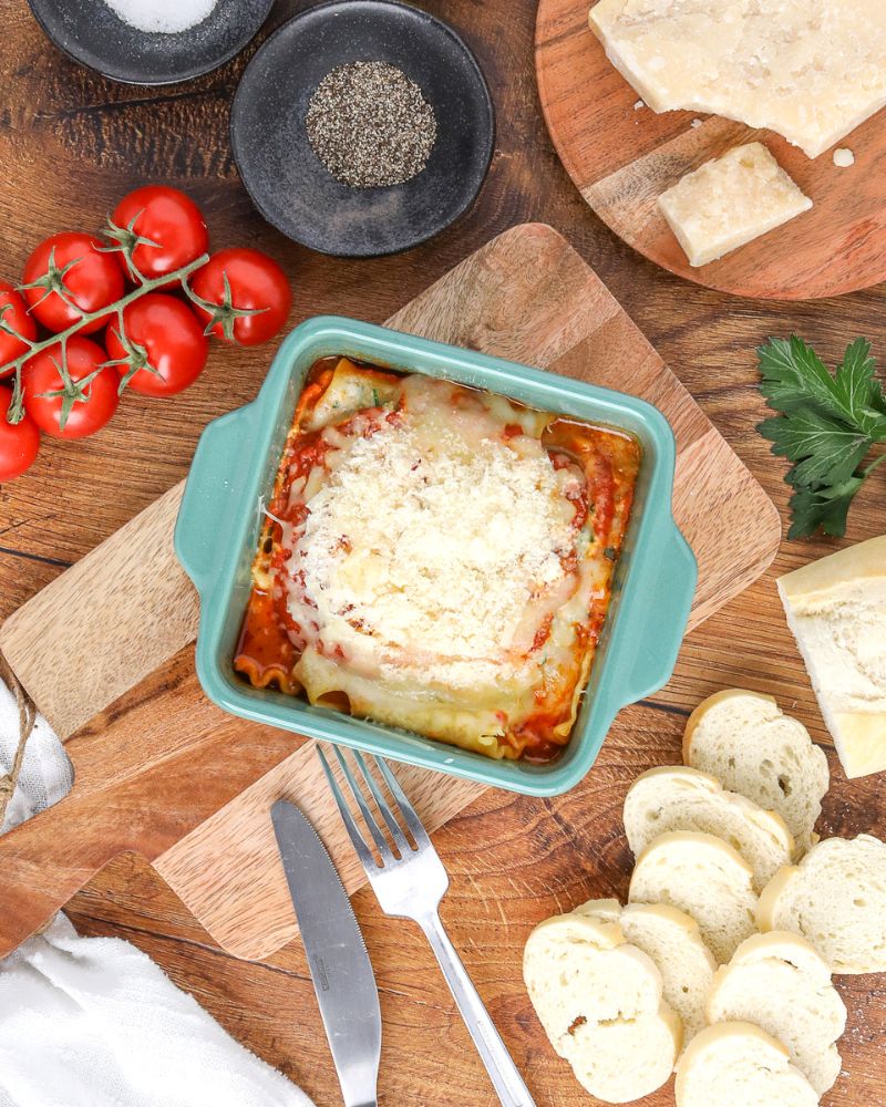 Freezer friendly lasagna in a kale baking dish