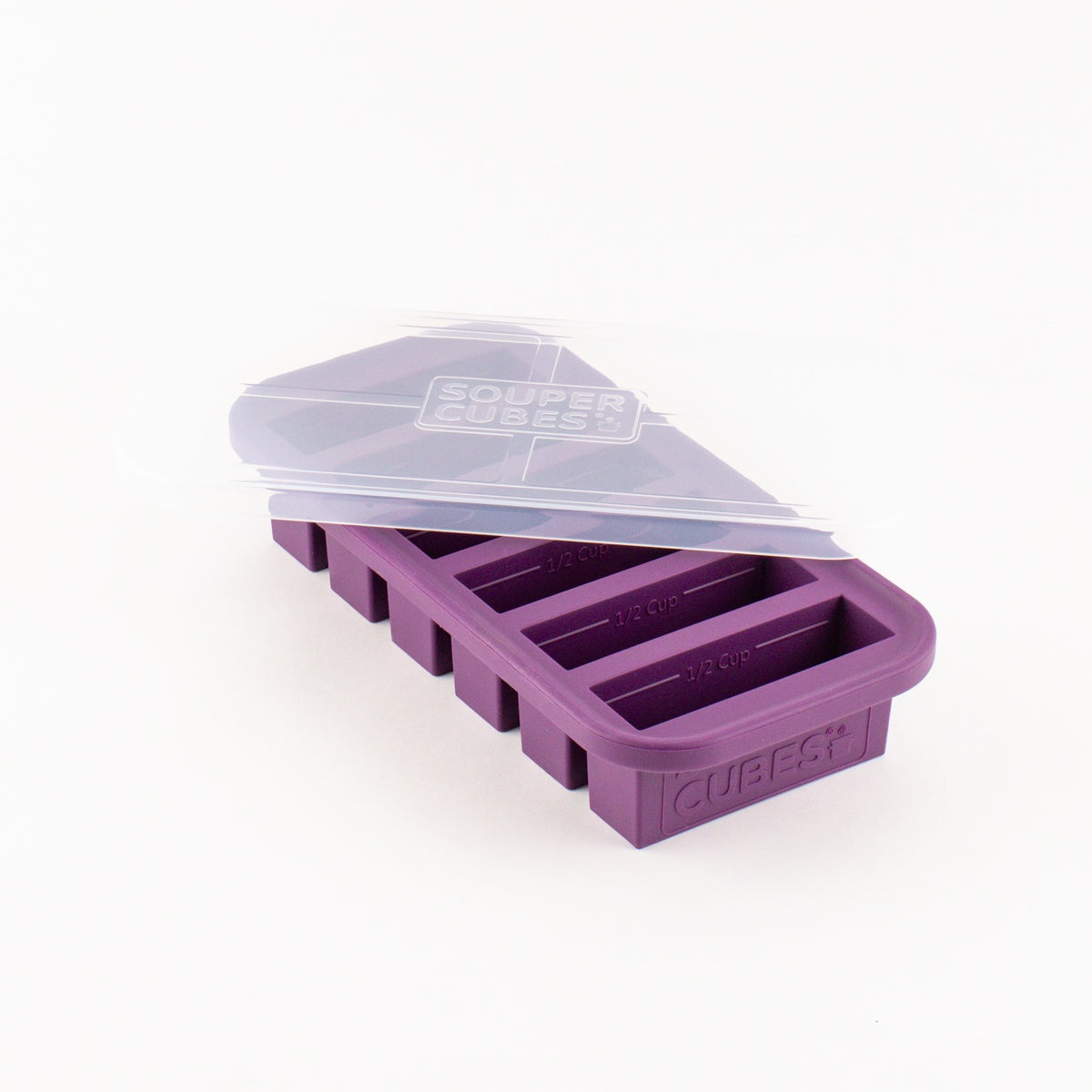 Souper Cubes half-cup silicone freezer tray in Plum with clear lid