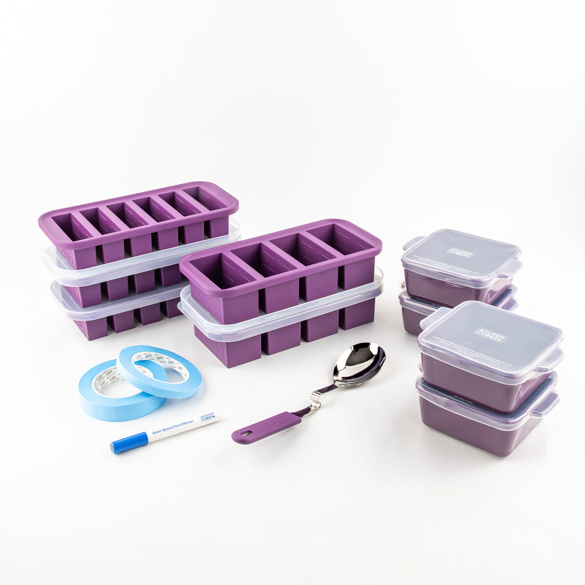 Souper Cubes Meal Prep Variety 22-piece set in Plum with silicone freezer trays, ceramic baking dishes, serving spoon, tape and marker