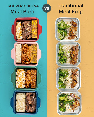 Comparison of Souper Cubes Meal Prep containers with traditional meal prep containers on a blue and orange background.
