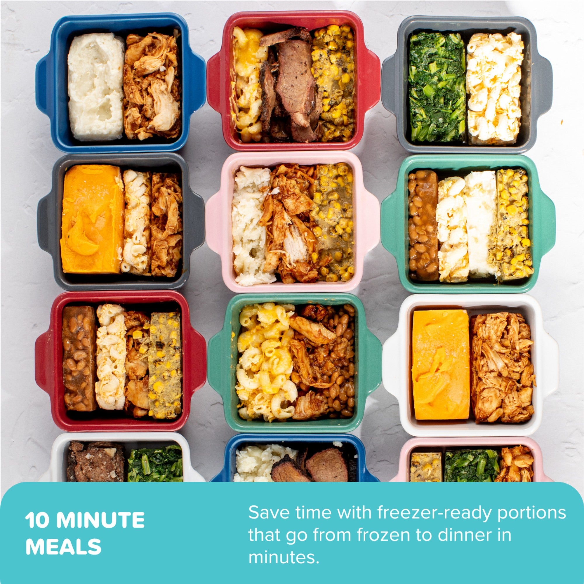 A grid of colorful insulated meal containers filled with prepared foods, shown on a light background with a teal promotional banner at the bottom that reads '10 MINUTE MEALS' and 'Save time with freezer-ready portions that go from frozen to dinner in minutes.'.
