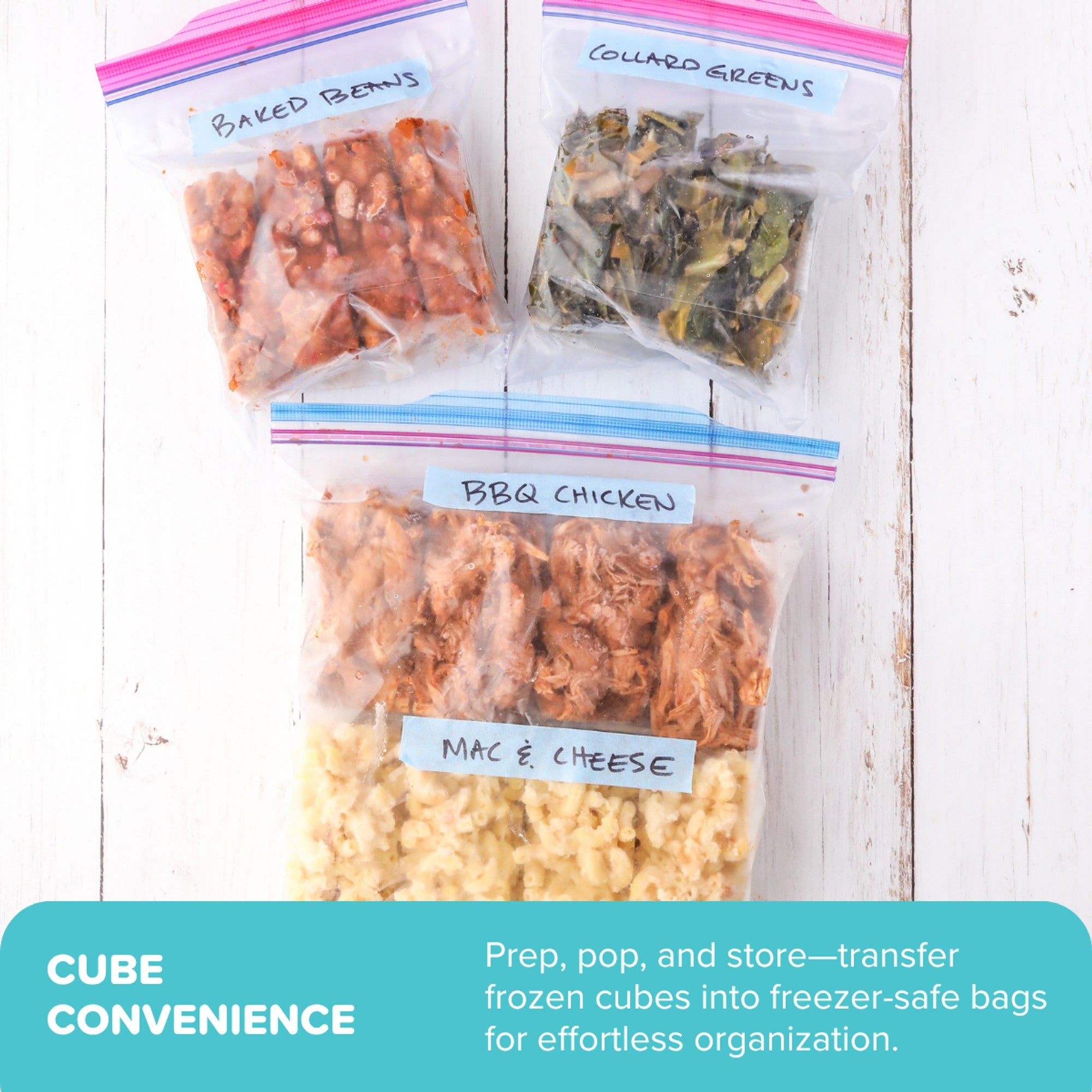 Three clear freezer bags filled with prepared foods labeled 'Baked Beans,' 'Courd Greens,' and 'BBQ Chicken,' plus a bottom banner reading 'Cube Convenience' with text about transferring frozen cubes into freezer-safe bags.