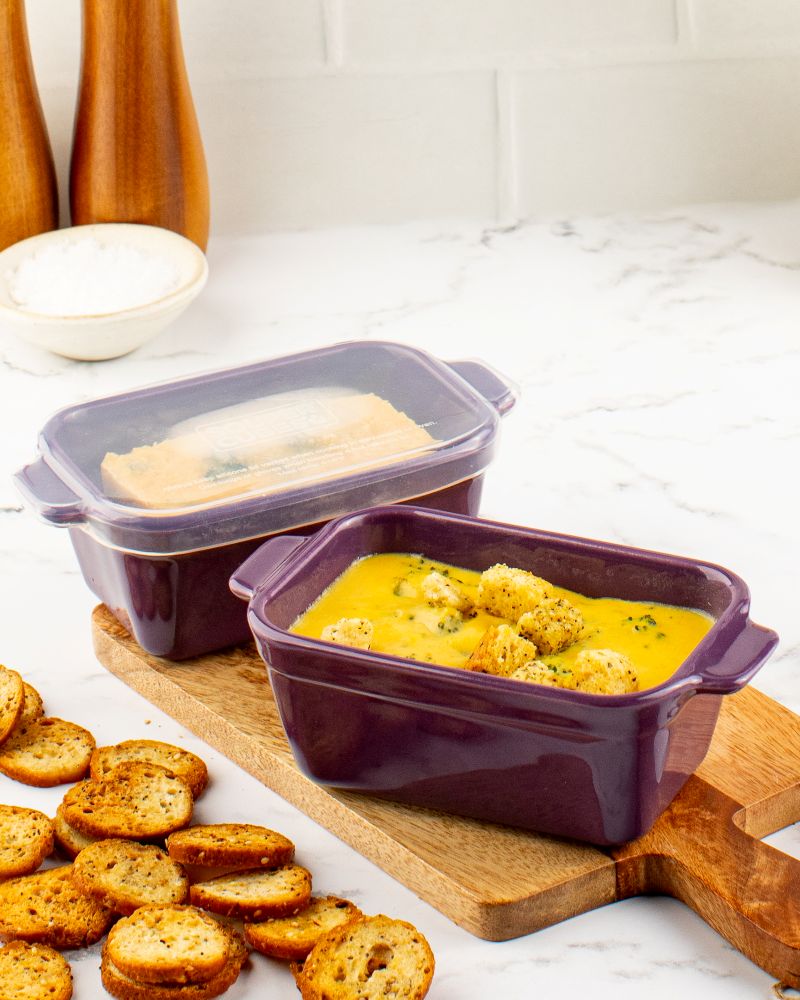 Serving broccili cheddar soup in Souper Cubes baking dishes
