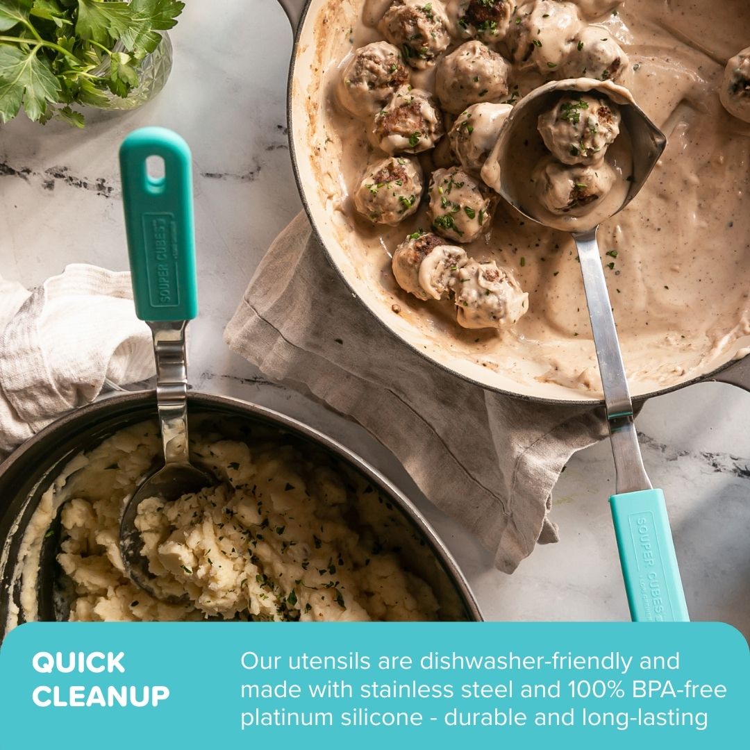 Stainless steel utensils with aqua handles on a marble surface with food.