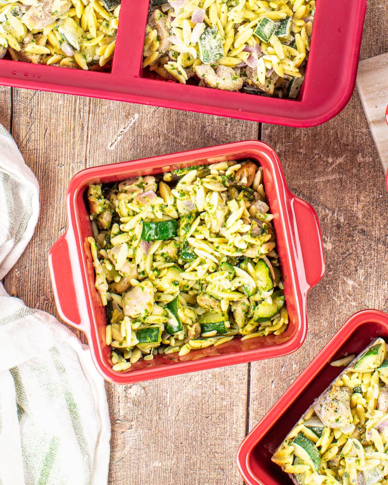 Creamy Pesto Orzo in baking dish